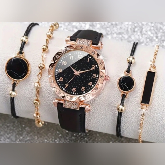 5 piece set Women's starry rhinestone quartz watch analog PU leather wrist watch - Picture 1 of 10